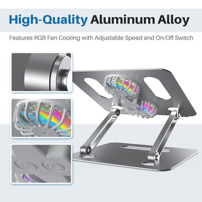YICOSUN Adjustable Laptop Cooling Stand with 2 Quiet Fans & RGB Lighting, Aluminum Alloy & Foldable Ergonomic Design for MacBook, Lenovo, ASUS, Dell 10-16 Inch, Perfect for Gaming, DJ, Office - Silver - color: Silver