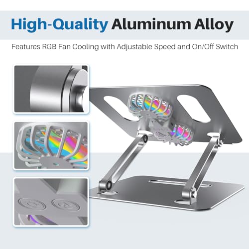 YICOSUN Adjustable Laptop Cooling Stand with 2 Quiet Fans & RGB Lighting, Aluminum Alloy & Foldable Ergonomic Design for MacBook, Lenovo, ASUS, Dell 10-16 Inch, Perfect for Gaming, DJ, Office - Silver - color: Silver