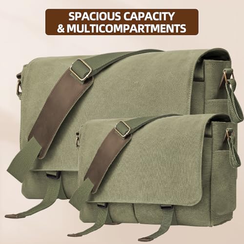 Messenger Bag for men Laptop Bag UnisexRetro Canvas Bag14-15.6 inches Casual single shoulder bag For Work College Travel - color: Army Green