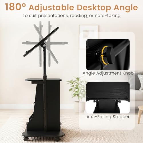 GIANTEX Mobile Podium Stand, Sit-to-Stand Laptop Cart (Black, 1 Pack) | Tilting Tabletop & Storage Cabinet, Lockable Casters, Height-adjustable Rolling Lectern for Classroom, Church, Home Office - color: Black