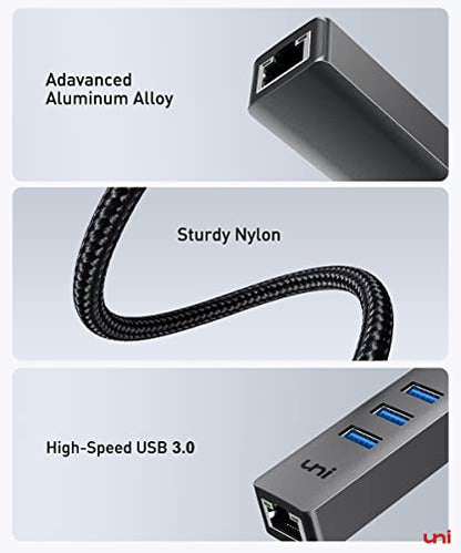 uni USB to Ethernet Adapter, USB 3.0 Hub with 100/1000 Mbps RJ45 Ethernet | Driver Free,Sturdy Aluminum 4-in-1, USB-A to LAN Network Adapter, 1Gbps, Compatible with iMac, PC, Chromebook Laptops