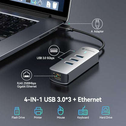 Yottamaster 4-in-1 USB A 3.0 Hub with 2.5Gbps Gigabit Ethernet – 3X USB-A 3.0 Ports, Aluminum LAN Converter, Plug and Play for MacBook Pro/Air, XPS, Windows, Mac OS, Linux, NAS - color: USB-A 2500Mbps