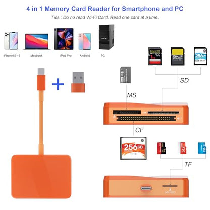 SD Card Reader, 4 in 1 USB C to SD/TF/CF/MS Card Reader with USB to USB C Adapter Memroy Card Reader for iPhone 17/16/15 Pro Max iPad Pro MacBook Pro/Air iMac M4/M3 Android Phone/Tablet PC (Orange) - color: Orange