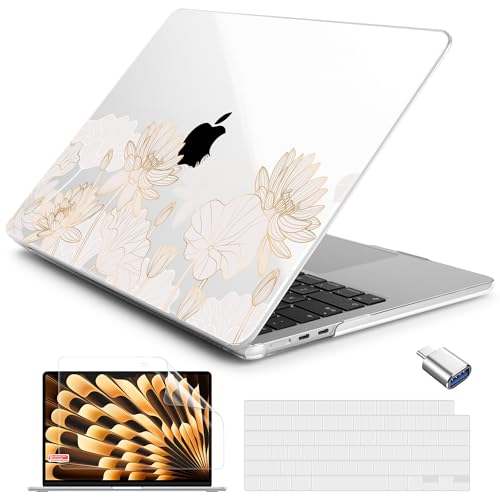 Batianda LumiArt Case for MacBook Air 13.6" M2-M5 Chip, Golden Lotus | 4-in-1 set with gold lotus line flowers design, lightweight slim hard shell protection for elegant, minimal and office user - color: Gold Lotus