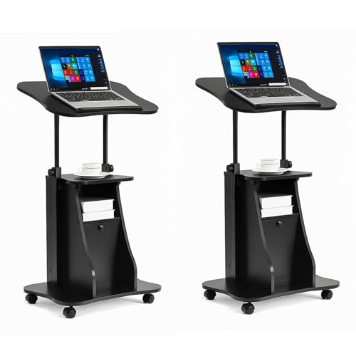 Tangkula Mobile Laptop Podium Set of 2, Height Adjustable Sit to Stand Desk with Tilting Desktop & Storage Cabinet, Ergonomic Rolling Lectern Cart Laptop Desk, Office Podium Stand on Wheels - color: Black, size: 21.5" x 15.5" x 45"