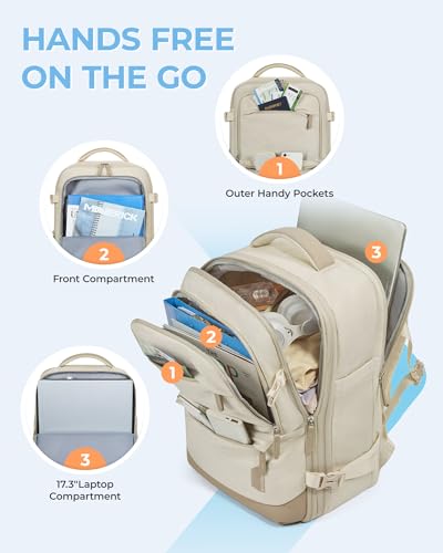 BAGSMART 37L Expandable Travel Backpack Compression Carry On Daypack | Weekender Bag Fits 17" Laptop. Water Resistant Luggage with Packing Cubes and Shoe Pouch. - color: Warm Beige