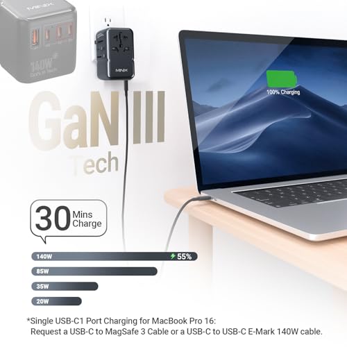 MINIX 140W Universal Travel Adapter, GaN III International Power Adapter, 3 USB-C 1 USB-A Ports, AC Outlet, Worldwide US/UK/EU/AU Travel Charger for Cameras Laptops Tablets Phones and More - style: 140W-Super Fast Charge