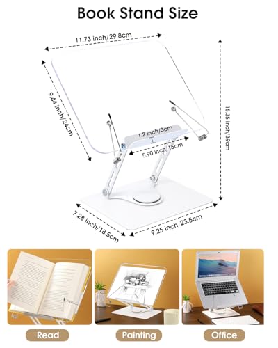 Honagu Book Stand for Reading, Adjustable Book Holder with 360 Degree Rotating Base & Page Clips, Hands Free Foldable Desktop Cookbook Stand for Sheet Music, Laptop, Recipe, Textbook (Acrylic)