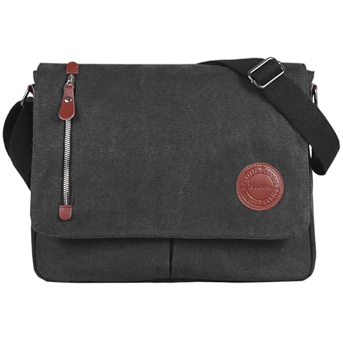 Mactso Vintage Canvas Messenger Bag for Men Women, 13.5 Inch Laptop Satchel Shoulder Bag with Multiple Pockets, Crossbody Bag for Work Travel College (Black) - color: Black