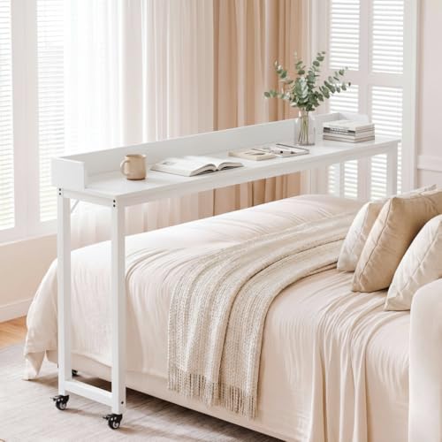 Clevich Overbed Table with Wheels, 16" D x 71" W x 41" H Mobile Bed Desk | Queen Full Size Mobile Computer Desk with eavy Duty Metal Leg, Standing Laptop Cart, for Bedroom, Living Room - color: White