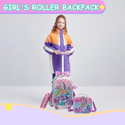 Kids Rolling Mermaids Backpack for Girls Sequins Trolley Suitcases Luggage Travel with Wheels Bookbag Wheeled 17" Roller Backpacks Toddler Back Pack School Bags for Elementary Golden Heart - color: 5416-meirenyu-golden