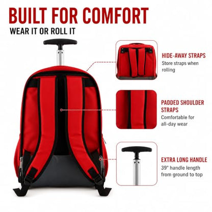 Heavy Duty Rolling Backpack School Bookbag with Wheels Deluxe Wheeled Daypack - color: Red