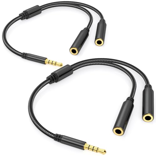 3.5mm TRRS Splitter for 2 Headphones 1FT 2-Pack, Dual Support Audio & Mic, 3.5 mm Aux Jack Cable 1 in 2 out, Double 1/8" Stereo Female Adapter,Headset Split Y Cord 2 Way for Phone/Tablet/Laptop/PC/MP3 - color: Black