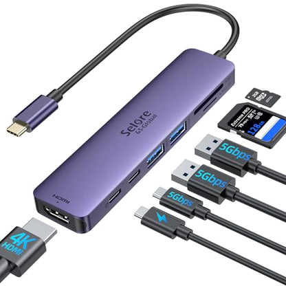 USB C Hub HDMI Adapter for MacBook Pro/Air, 7 in 1 USBC Dongle with HDMI, microSD/SD Card Reader, USB C Data Port,100W PD, and 2 USB 3.0 Compatible for MacBook Pro/Air, Dell XPS, Lenovo Thinkpad. - color: Purple