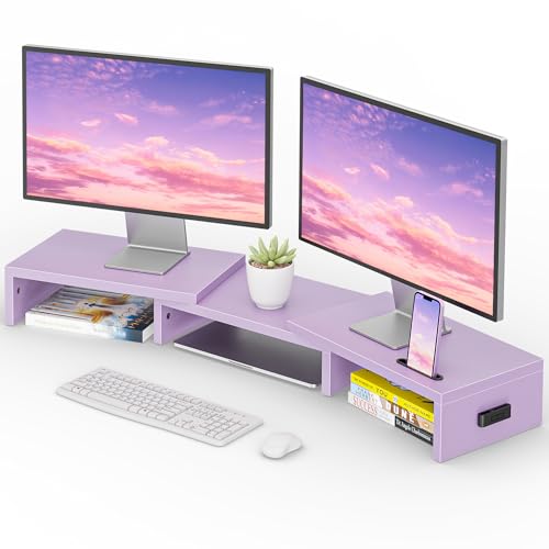 BONTEC Dual Monitor Stand Riser with Smartphone Holder, Adjustable Length & Swivel Angle, Ergonomic Wooden Desktop Organizer for PC Monitor, Laptop, Printer, Large Storage, 42.5 in, Purple - color: Purple, size: 42.5 in