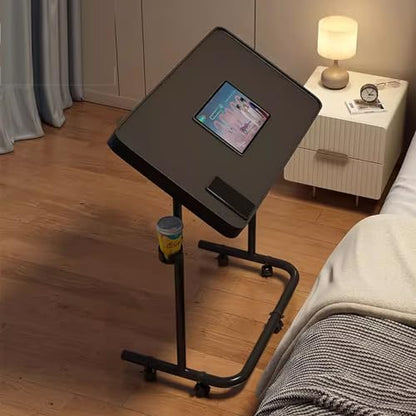 Overbed Table Portable Computer Desk, Rollaway Desk with Cup Holder, Mobile Standing Desk, Multifunctional Height Adjustable Table with Wheels, Sofa Side Table, Tilting Overbed Bedside Table (Color : - color: Black