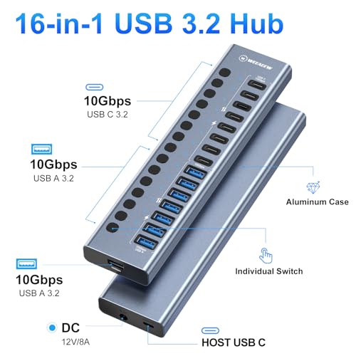 Powered USB 3.2 Hub, 16 Ports Powered USB Hub with 10Gbps Data Speed, USB Hub (8 USB-A 3.2 Ports+8 USB-C 3.2 Ports) with 96W Power Adapter for PC/Laptop, Computer, Flash Drive, Printer, Camera