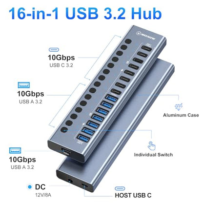 Powered USB 3.2 Hub, 16 Ports Powered USB Hub with 10Gbps Data Speed, USB Hub (8 USB-A 3.2 Ports+8 USB-C 3.2 Ports) with 96W Power Adapter for PC/Laptop, Computer, Flash Drive, Printer, Camera