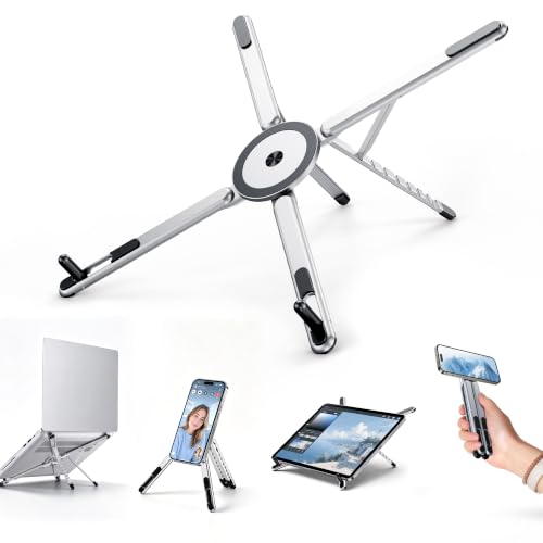 Portable Laptop Stand, 3-in-1 Magnetic Foldable Adjustable, for Desk（White） | Aluminum alloy, lightweight compact, 8-level height, ergonomic, for phone/tablet, home office/travel - color: E05S-White