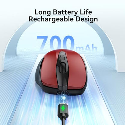 TECKNET Rechargeable Jiggler Wireless Mouse (BT5.0/3.0 & 2.4G) 4800 DPI Silent USB A & Bluetooth Mouse 6 Buttons, Wide Compatibility - Red - color: Red