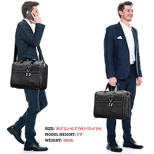 Polare 18.5” Full Grain Leather Laptop Briefcase Messenger Bag Tote For Men Large Fits 17.3” Laptop - color: Black(x-large)