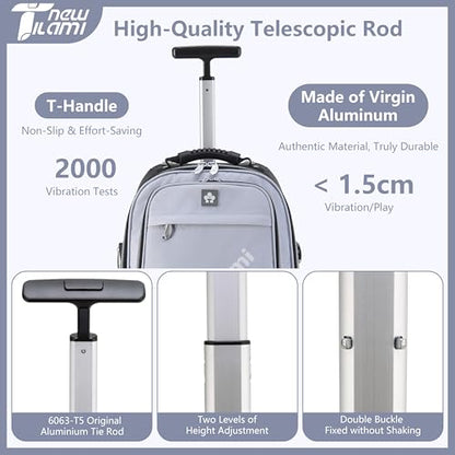 NEW TILAMI 19 Inch Rolling Backpack for School Travel with 4 Spinner Wheels | 360°rotating Universal Wheel, Large Organizer Compartments, Adjustable Handle, Carry on for School Students Business Travel - color: Soft Grey