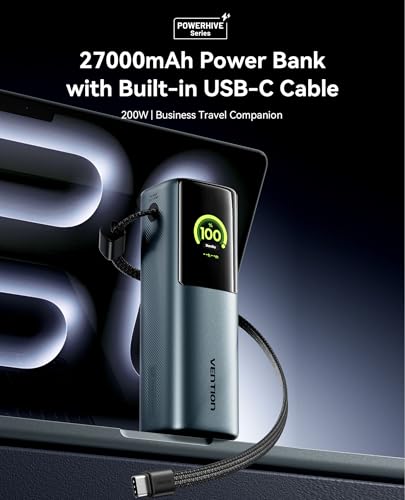 VENTION Powerhive 27000mAh Laptop Power Bank, 200W, Built-in and Extra 240W USB-C Cables, Portable Laptop Charger, Digital Display, for iPhone 17/16/15/14/13 Pro Max, MacBook, Dell, HP, Galaxy S24