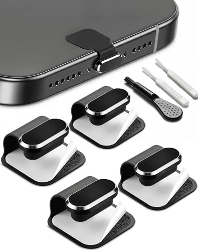 Anti-Lost USB-C Dust Plug Cover for iPhone 17/16/15 Plus/Pro/Max, Samsung Galaxy, Pixel, Anti-Lost Type-C Port Protector with Cleaning Brush, Midnight Black, 4 Pack