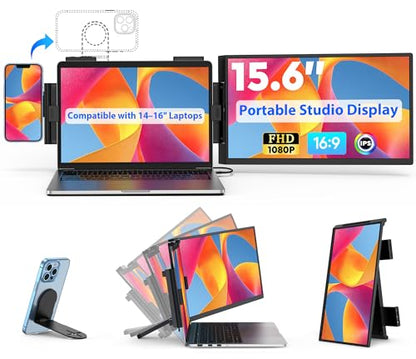 HONGO Portable Studio Display 15.6" FHD IPS 1080P Monitor — Laptop Screen Extender & Phone/Pad Mount for 14–16" Laptops, Turn Phone into Webcam + Keyboard Control (Third‑Party App Required) - color: A1-15.6"Extender-Black