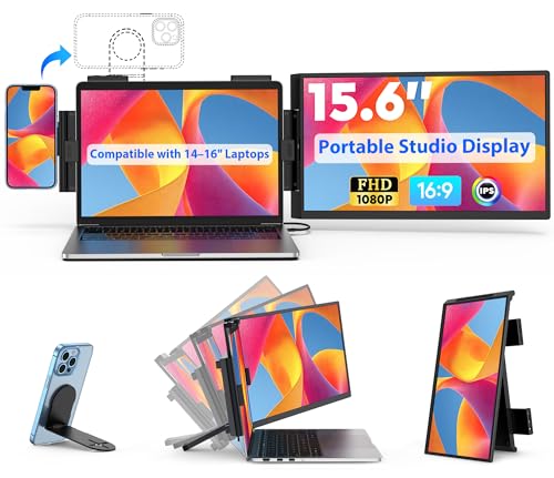 HONGO Portable Studio Display 15.6" FHD IPS 1080P Monitor — Laptop Screen Extender & Phone/Pad Mount for 14–16" Laptops, Turn Phone into Webcam + Keyboard Control (Third‑Party App Required) - color: A1-15.6"Extender-Black