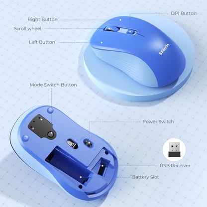 seenda Bluetooth Wireless Mouse, Dual Mode, Quiet 1600 DPI, Blue | Dual-mode Bluetooth and 2.4G USB mouse with quiet clicks, smooth tracking, ergonomic design, and 12-Months battery life - color: Blue
