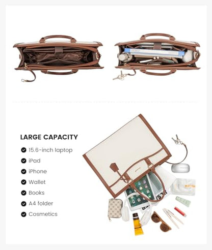 LOVEVOOK Laptop Tote Bag for Women, 15.6 inch Lightweight Canvas Office Work Bag Briefcase, Large Capacity Teacher Computer Bag Handbag for Travel Business,2pcs Set Canvas/Beige-Brown | PU Leather Business Briefcase Teacher Travel College Bag Handbag fit