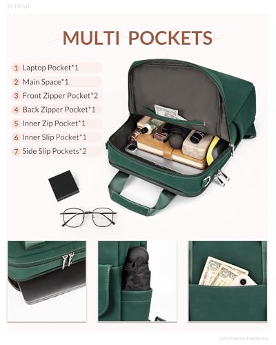 Leather Laptop Backpack 15.6 inch Womens Computer Bag Green | 3-in-1 laptop purse: Dedicated 15.6" Compartment, 7-Pocket Organizer, Colorful Shoulder Strap, Work & Travel Ready - color: Green
