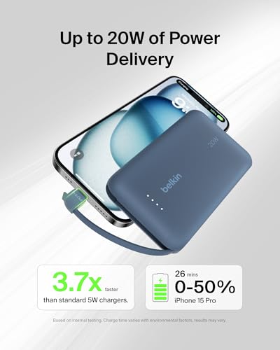 Belkin 10000mAh 20W USB C Power Bank, Portable Charger for iPhone & iPad | Fast Charging, Integrated USB C Cable, Eatra USB C Port, iPhone 17, iPad, Samsung Galaxy S26, Charge 2 Devices - color: Blue, style: 10K mAh
