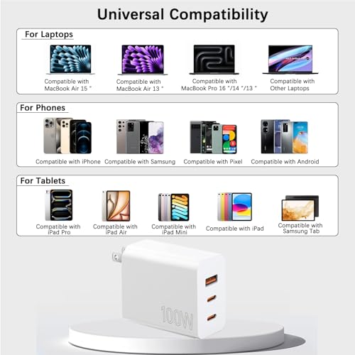 100W USB C Charger Block,2Pack 3-Port PD&AC GaN Super Fast USB C Charging Block Wall Charger Adapter Plug for MacBook Pro/MacBook Air,iPhone 17 Pro Max/17 Air/16 Plus/16E/15,iPad Pro/Air/Mini and More