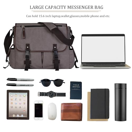 15.6 Inch Laptop Messenger Bag for Men Women, Canvas Computer Shoulder Bag, Work Briefcase for Business College Travel | Anti-theft Design - color: Grey