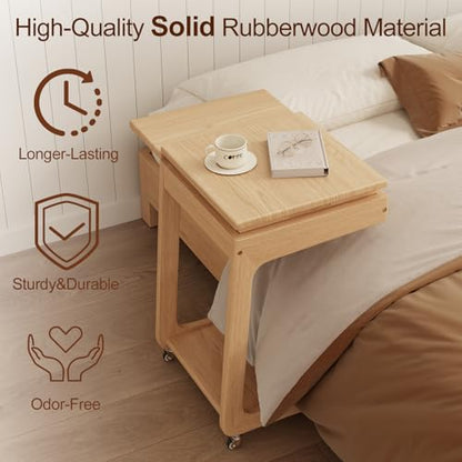 Solid Wood C Shaped End Table for Couch,Natural C Table with Wheels,Rolling Side Table with Storage,Couch Desk with Adjustable Desktop,Rolling Tv Tray with Folding Shelf,Modern Couch Table - color: Natural