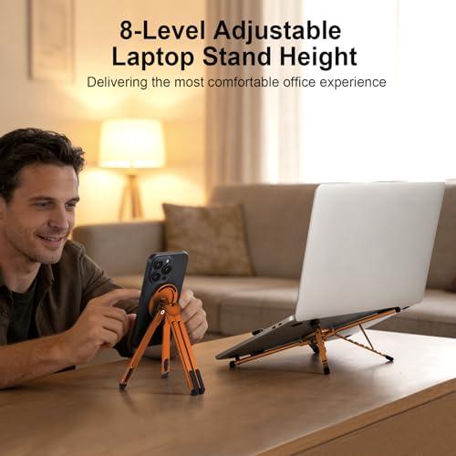 3-in-1 Foldable Magnetic Phone Tripod Stand, Portable Aluminum Alloy Adjustable Holder for Tablet, Laptop MacBook Pro/Air 10–16", Magnet Phone Mount Compatible with MagSafe iPhone Android - color: Orange