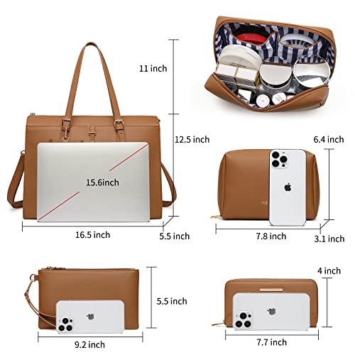 Keyli 4pc Sets Laptop Bag for Women Large Leather Laptop Briefcase with USB Charging Port Computer Shoulder tote Bags Purse - color: Brown