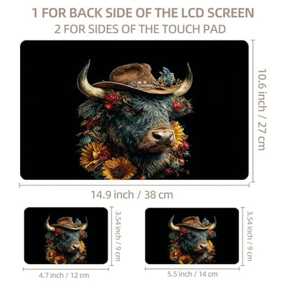 Universal Laptop Skin Sticker for 12/13/14/15.6 Inch Laptops, Reusable Vinyl Laptop Decal Cover, Waterproof Scratch Resistant Notebook Skin with 2 Wrist Pads,Cowboy Highland Bull - color: Cowboy Highland Bull