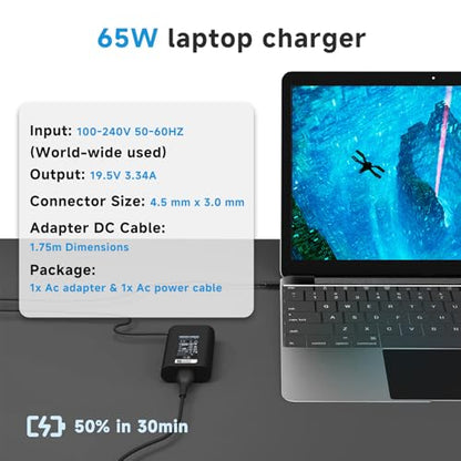 65W 45W 4.5mm Round Tip Slim Curved Laptop Charger Compatible with Dell Inspiron 15 14 13 17 3000 5000 7000, Vostro 14 15, Latitude 3490 3590, 19.5V 3.34A AC Adapter, Small Barrel Connector
