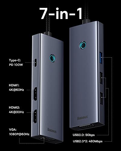 Docking Station Dual Monitor, Baseus 7 in 1 Laptop Docking Station 3 Monitors, USB C HUB with 4K HDMI, VGA, 100W PD, 3 USB for iPhone 15/MacBook/Dell/HP - size: 6 in 1