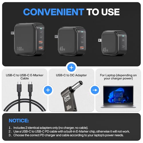USB C to DC Adapter, Type C to DC with Built-in PD and E-Mark Smart Chip Universal, Input 19V ⎓ 3.42A, with 5.5×2.1 mm Plug, USB C to Laptop Charger (2-Pack)