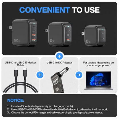 USB C to DC Adapter, Type C to DC with Built-in PD and E-Mark Smart Chip Universal, Input 19V ⎓ 3.42A, with 5.5×2.1 mm Plug, USB C to Laptop Charger (2-Pack)