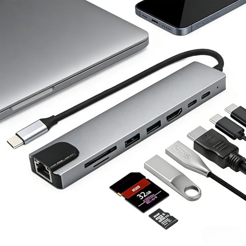 USB C Hub 8 in 1 for MacBook Air/Pro – 4K HDMI, Ethernet, 100W PD, USB 3.0, SD/TF Card Reader – Slim Aluminum Type C Adapter for Laptop (No Driver Needed)