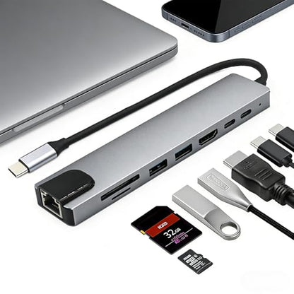 USB C Hub 8 in 1 for MacBook Air/Pro – 4K HDMI, Ethernet, 100W PD, USB 3.0, SD/TF Card Reader – Slim Aluminum Type C Adapter for Laptop (No Driver Needed)