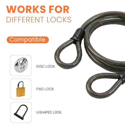 Security Cable with Loops, 12MM Heavy Duty Lock Cable, 4FT 7FT 10FT 15FT 25FT 30FT Vinyl Coated Rust-Proof Flexible Steel Bicycle Security Cable for Motorcycle, Furniture, Gates (Black, 15FT) - size: 15FT