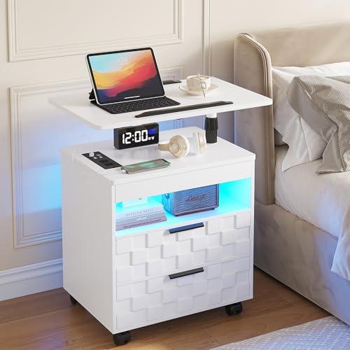 Lareth Rolling Nightstand with Wheels, LED Lights, Charging Station | Height Adjustable, Bedside Table 2 Drawers, Smart Wooden End Table Dorm Side Table Laptop Workstaion, Bedroom, White - color: A White