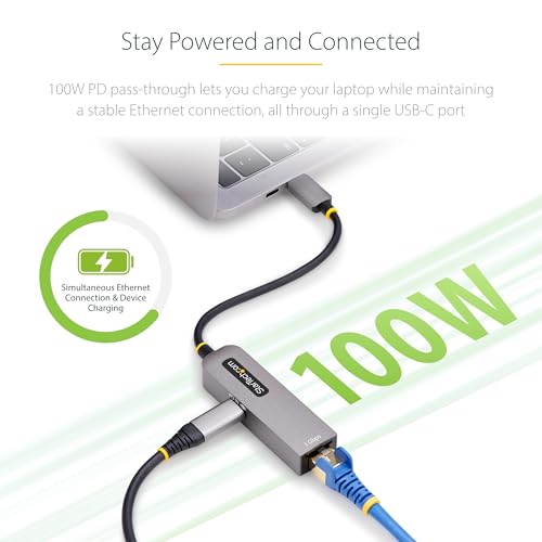 StarTech USB-C to Ethernet Adapter, Windows & Mac, 100W PD Pass-Through | USB 3.0 Type-C 1Gbps Multi Speed Network, NIC, 1GPD3-USB-C-ETHERNET