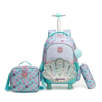 Rolling Backpack for Girls Rolling Backpack Travel Backpack with Lunch Box for Teen Girls Trolley Bag Cute Bookbag for Kids - color: lvbeike